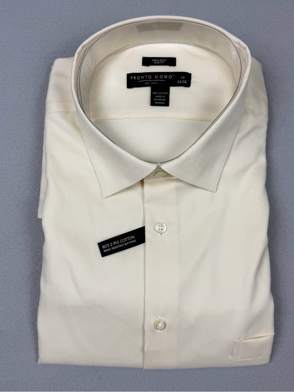 Pronto Uomo Men’s 19 34/35 Non-Iron Slim Fit Cream Dress Shirt 80’s 2-Ply NWT